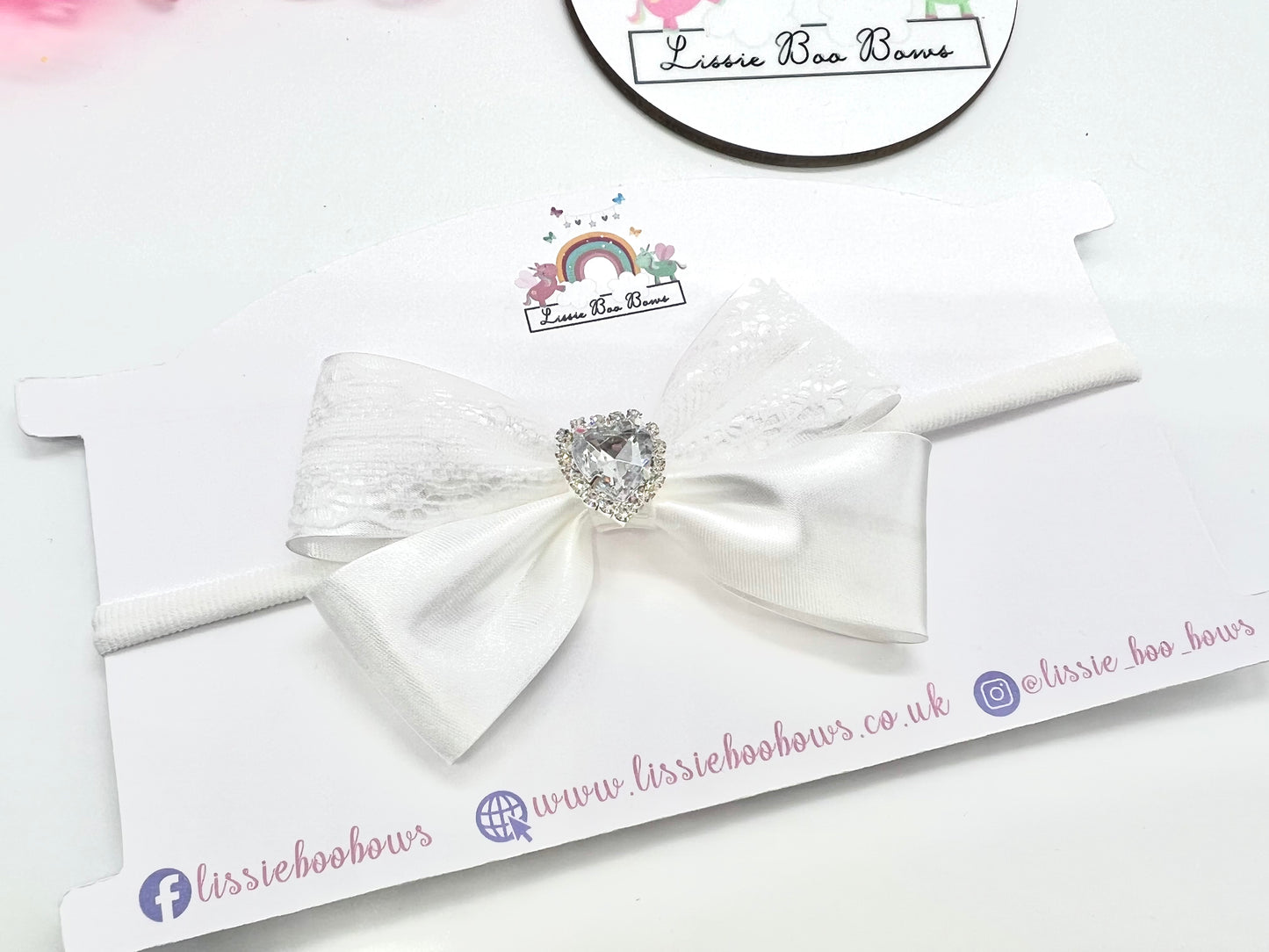 Satin bias and lace heart diamante hair bow - all colours and finishes are available