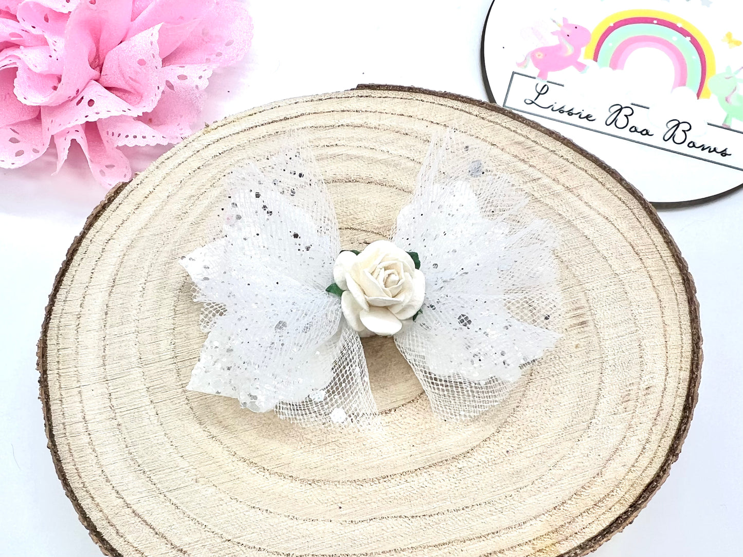 White glitter tulle floral hair bow 3”