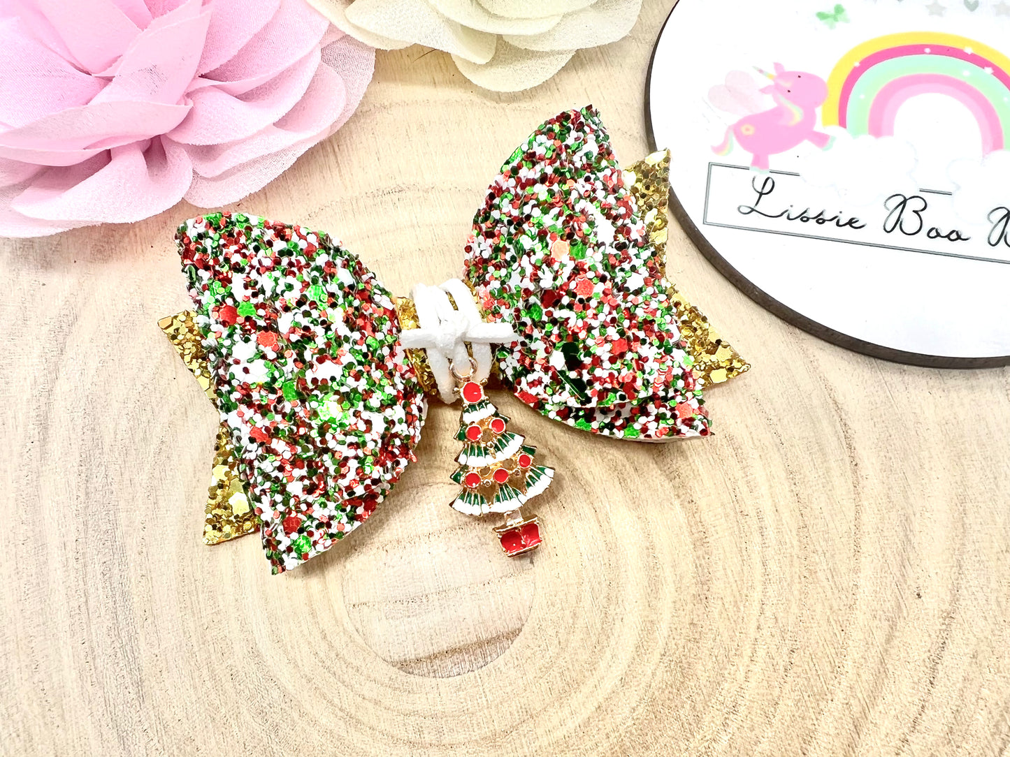 Christmas glitter tree charm hair bow 3.5”