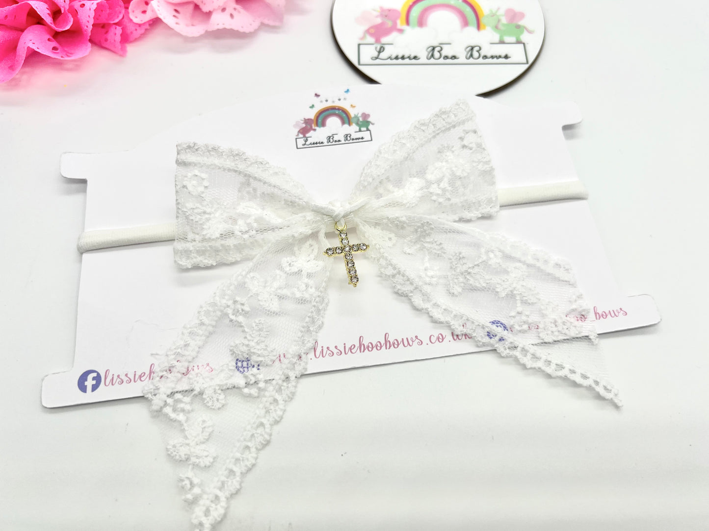 Lace ribbon cross charm bow - any finish available