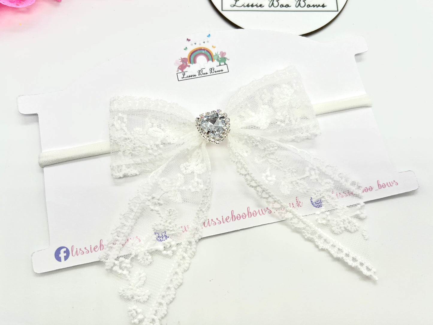 Lace ribbon diamanté heart bow - any finish available