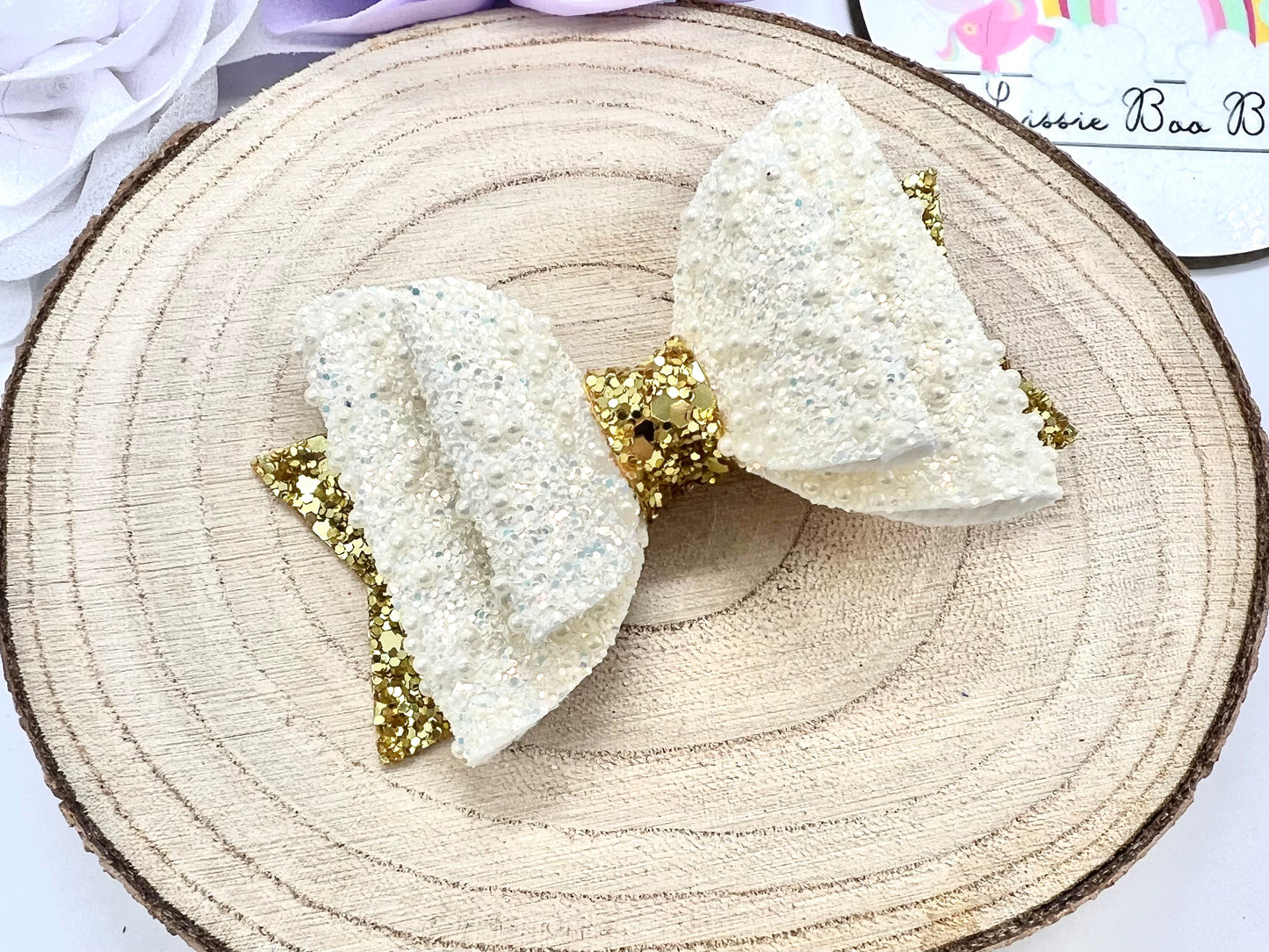 Pearl glitter and gold hair bow 3.5”