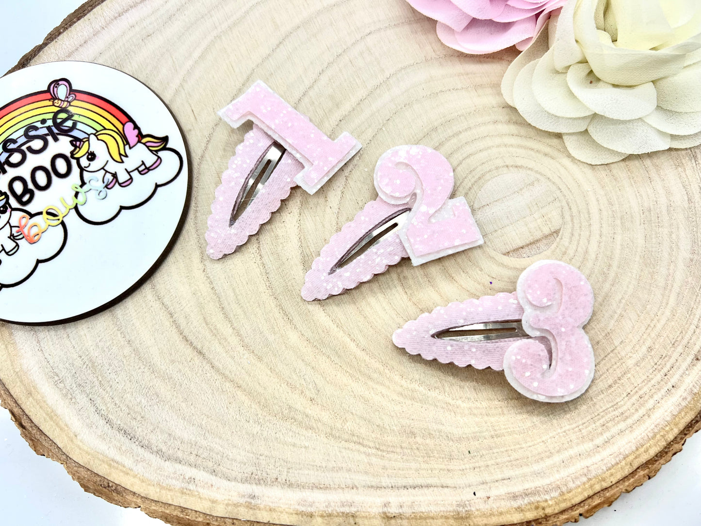 Baby pink Birthday number hair clip - one supplied