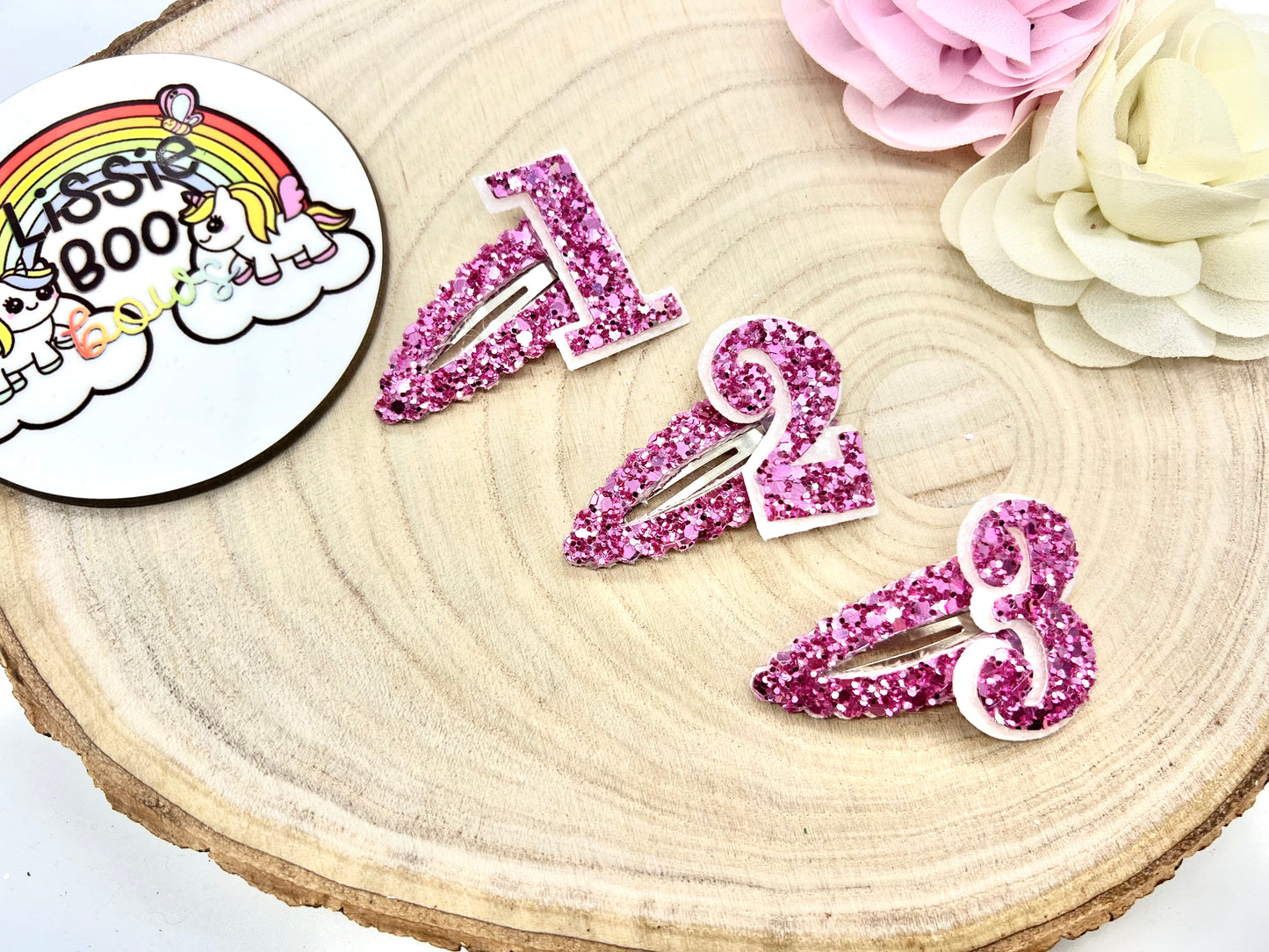 Pink Birthday number hair clip - one supplied