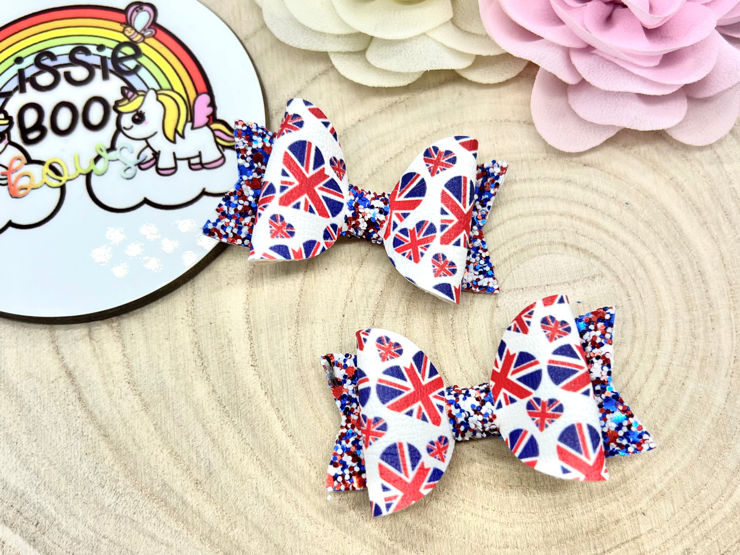 Union Jack Piggytail bows 2.5”
