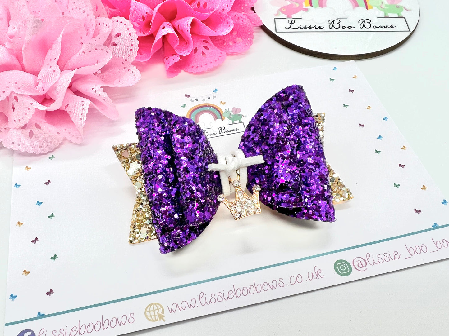 Purple glitter and gold crown charm hair bow 3”