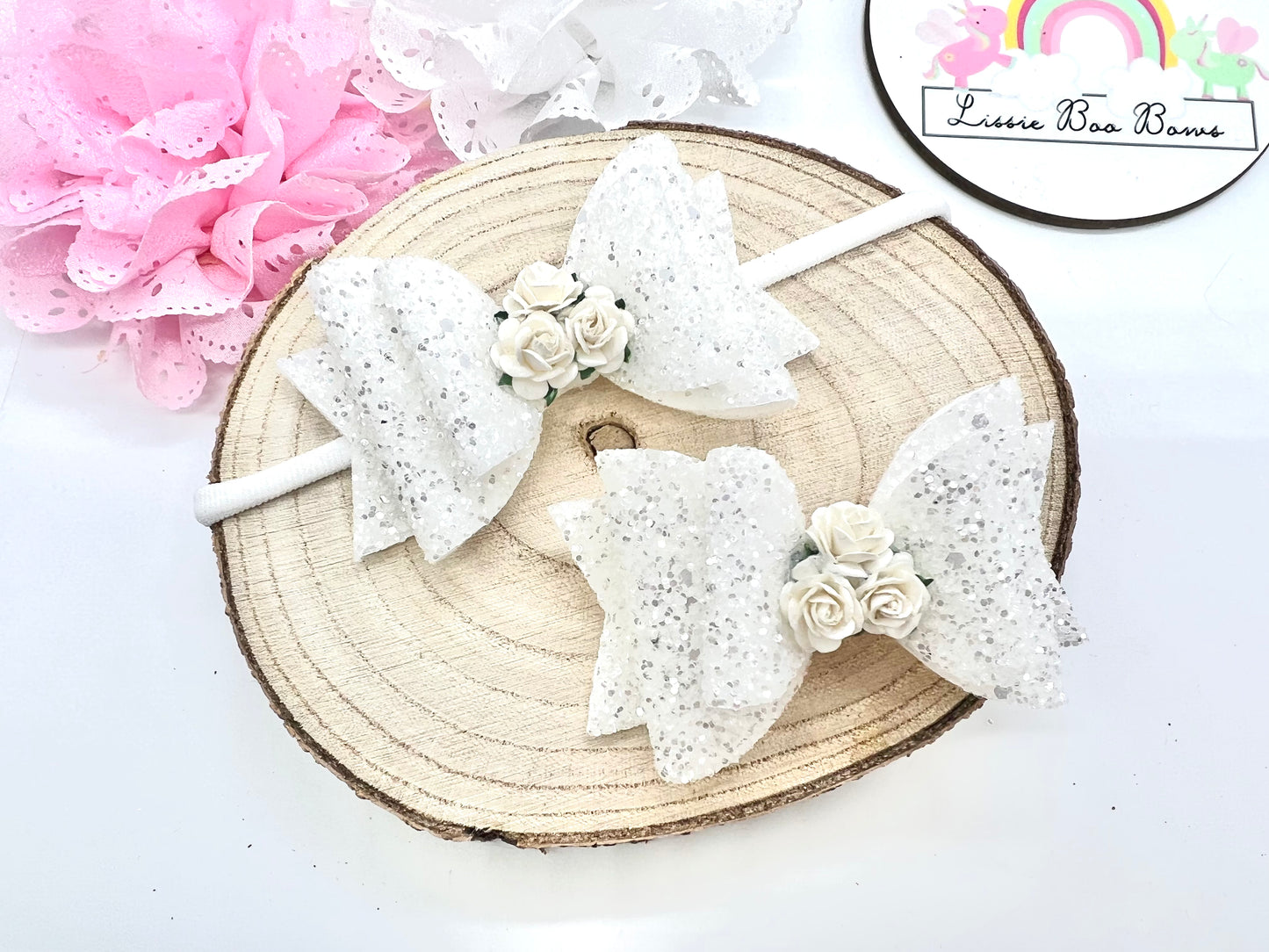 White floral hair bow 3” - one supplied