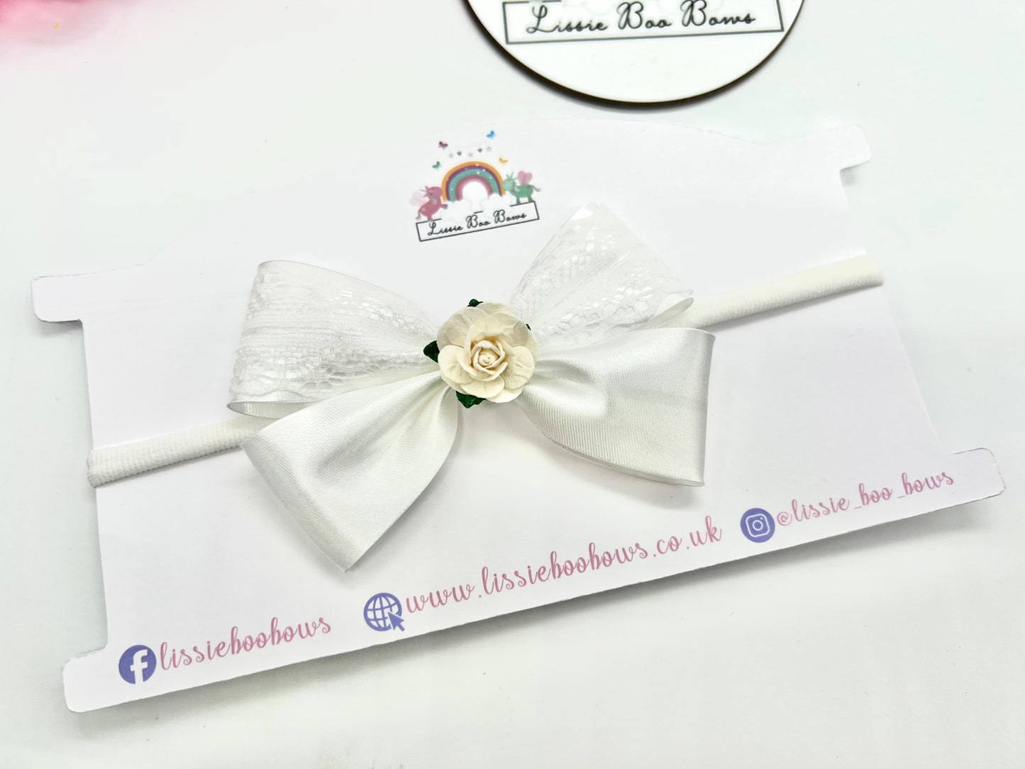 Satin bias and lace floral hair bow - all colours & finishes available