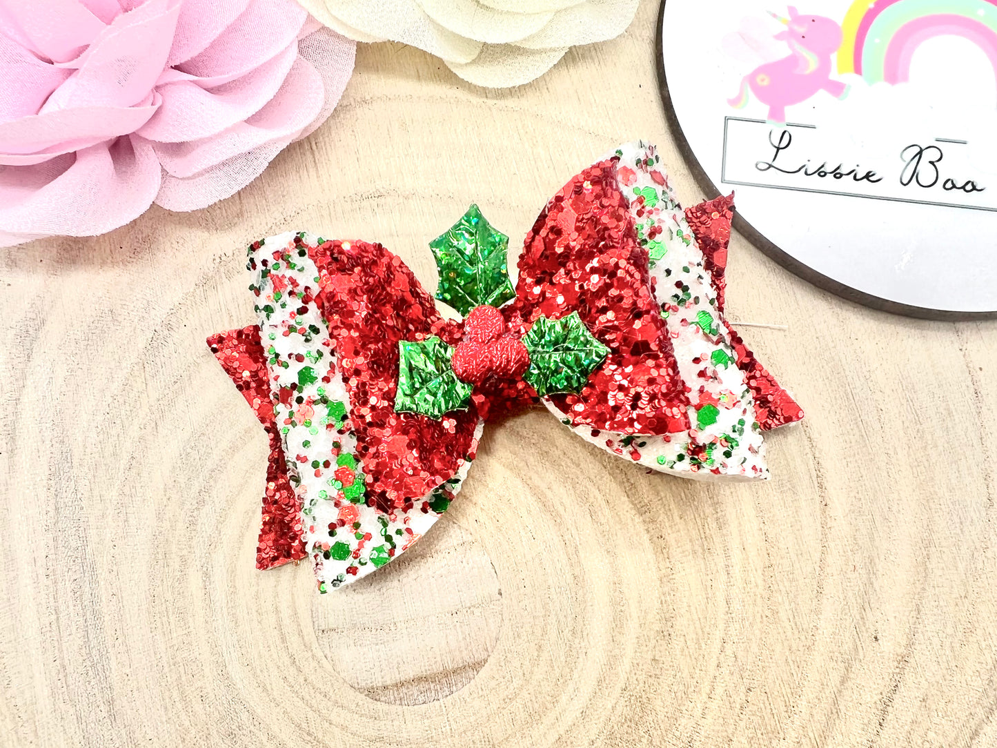 Holly glitter hair bow 3.5”