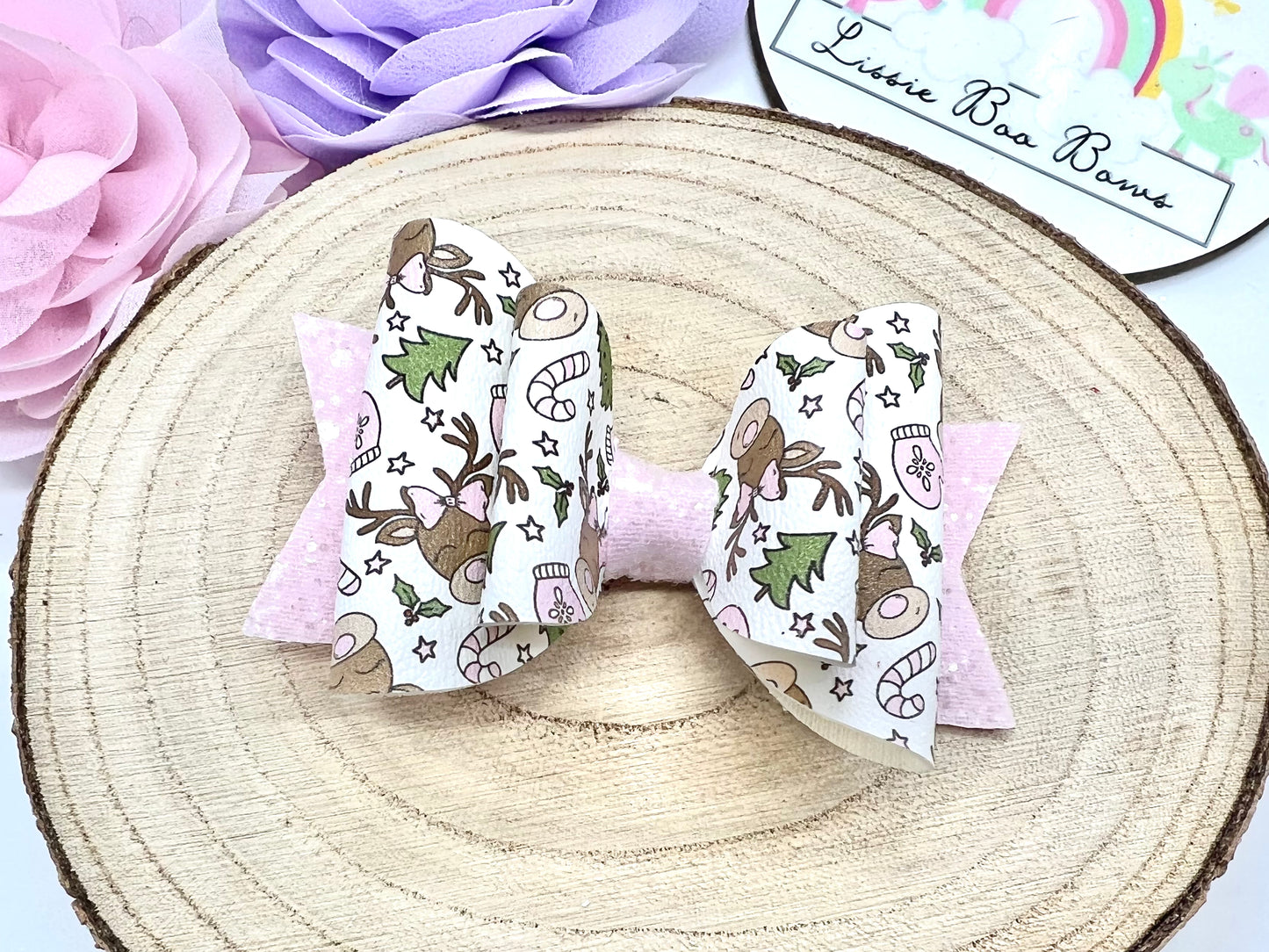Pink reindeer Christmas hair bow 3.5”