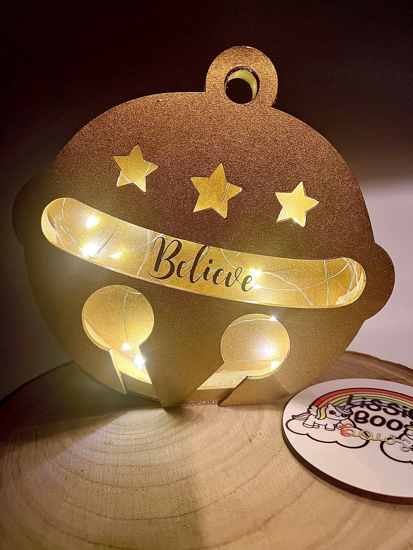 Wooden Believe Bell with lights