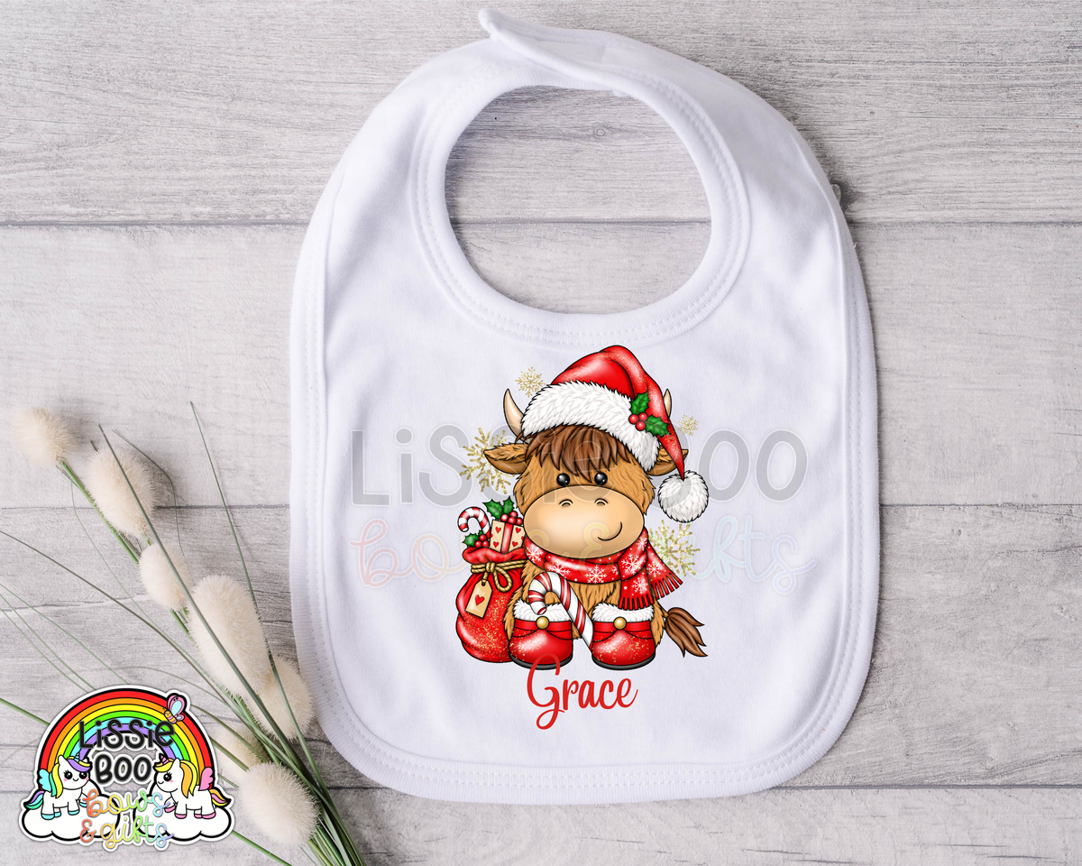 Personalised red highland cow Christmas Bib