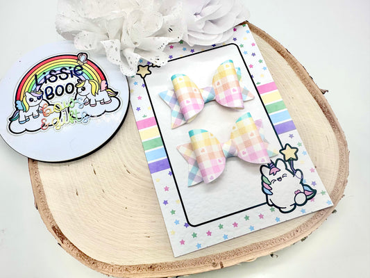 2.5” rainbow check piggytail set