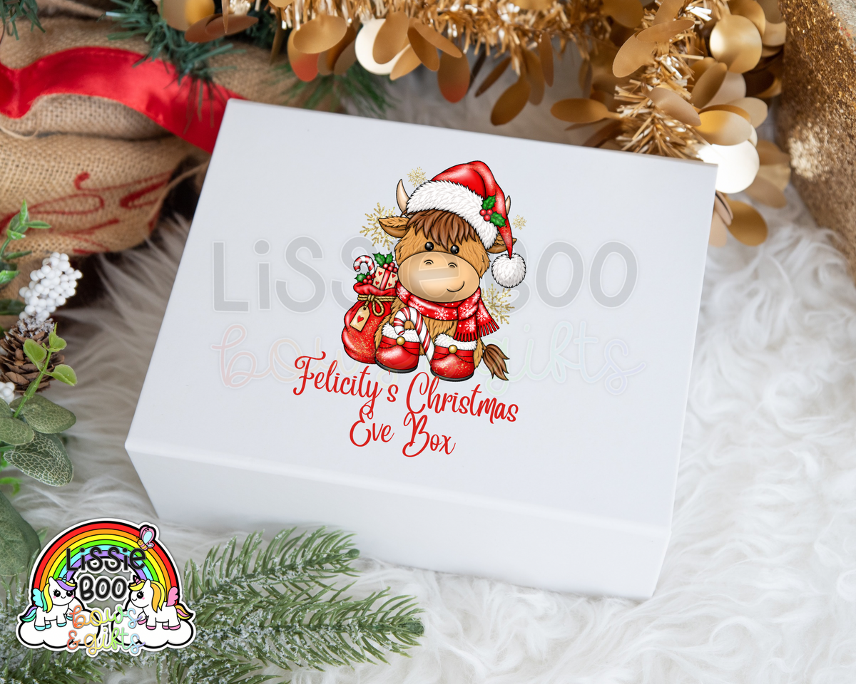Personalised red Highland Cow Christmas Eve Box