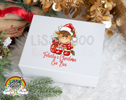 Personalised red Highland Cow Christmas Eve Box
