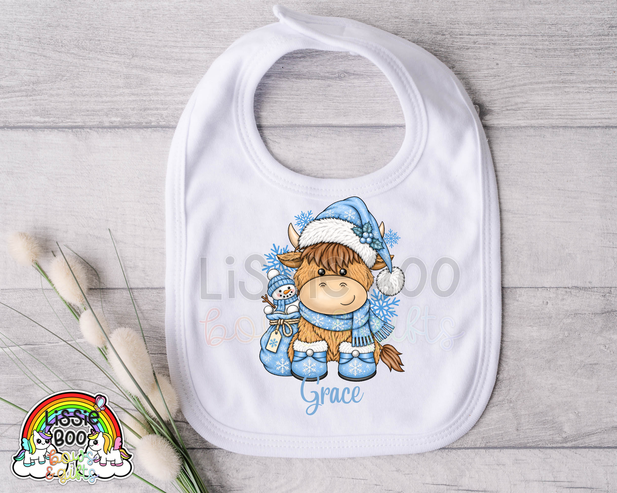 Personalised Blue highland cow Christmas Bib