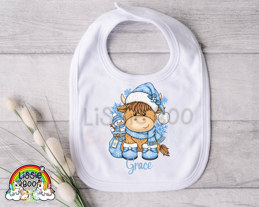 Personalised Blue highland cow Christmas Bib