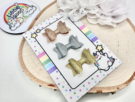 Set of three fine glitter metallic hair bows