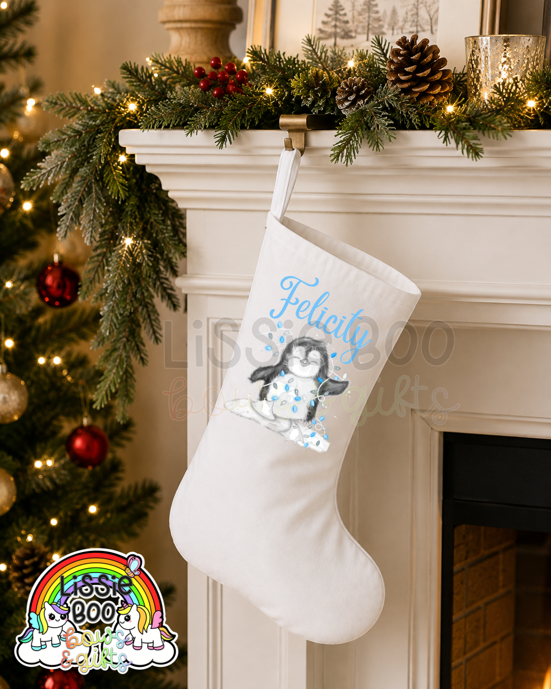 Personalised Blue Penguin Christmas Stocking