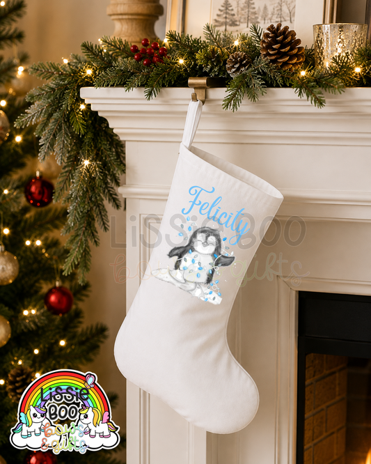 Personalised Blue Penguin Christmas Stocking