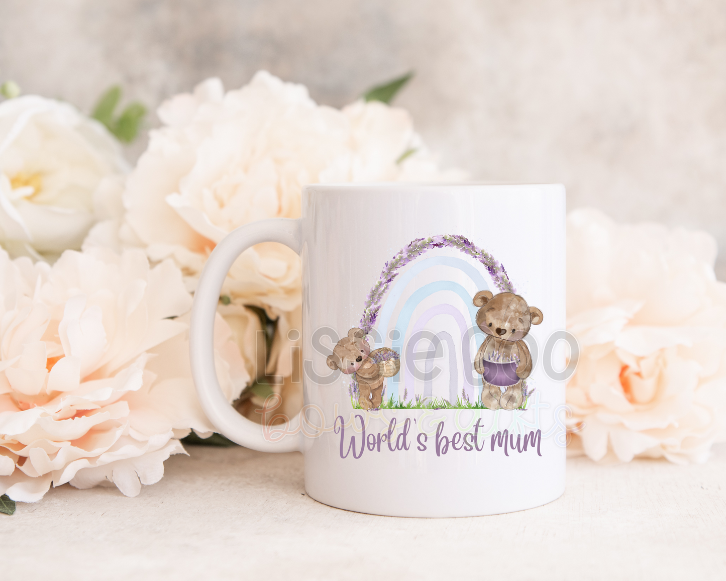 Lavender rainbow bears personalised mug