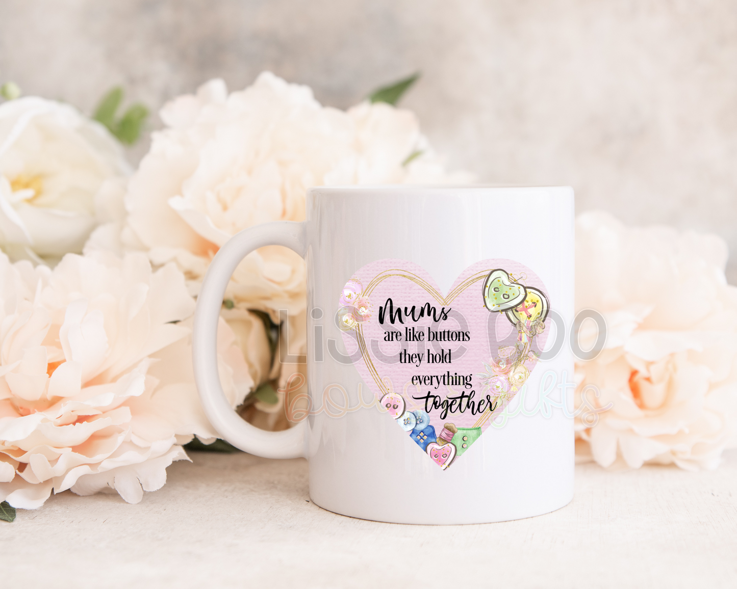 Heart buttons hold everything together personalised mug - female relation can be changed