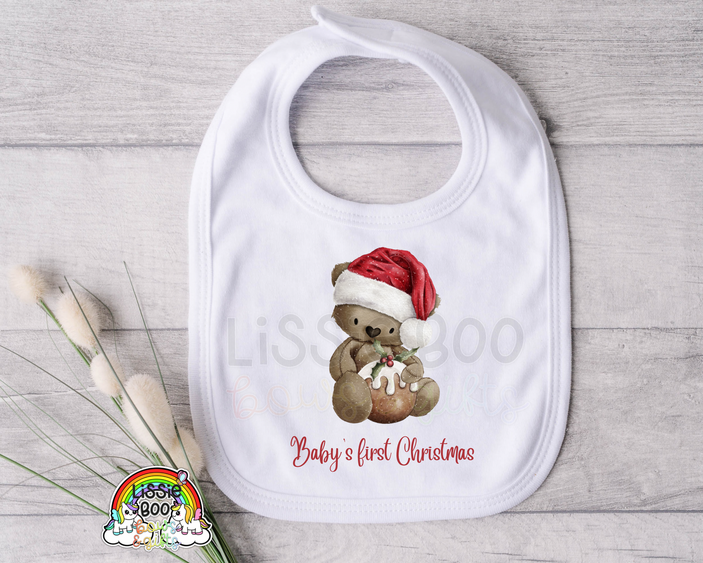 Christmas pudding bear, baby’s first Christmas bib