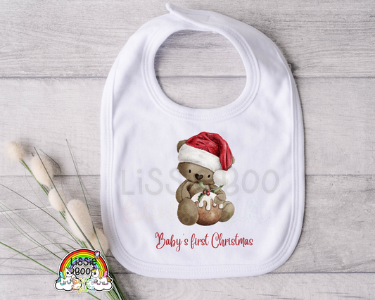Christmas pudding bear, baby’s first Christmas bib