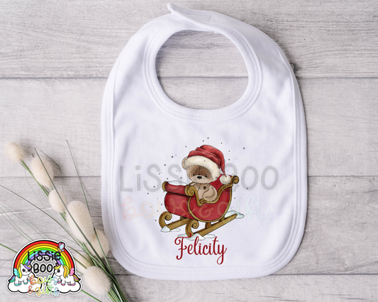 Personalised Bear Sleigh baby’s Christmas bib