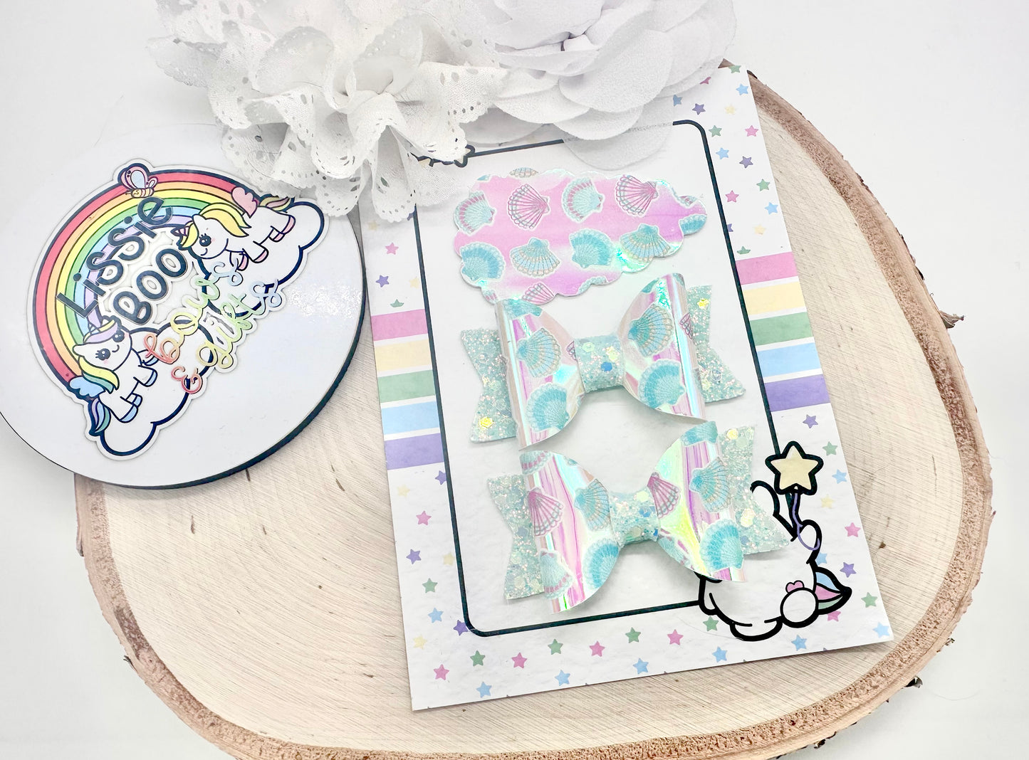 2.5” mermaid iridescent shimmer piggytail & clip set