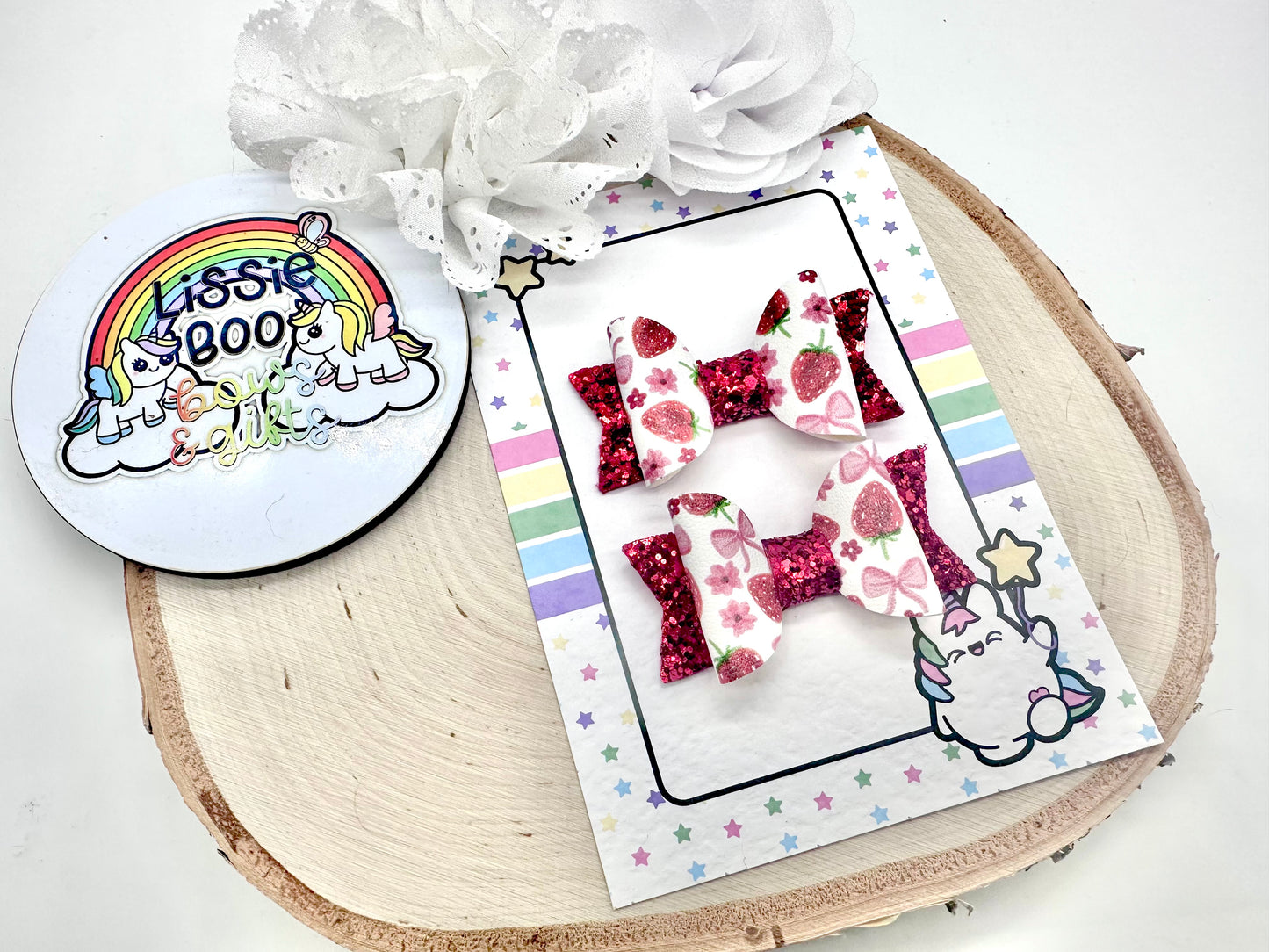 2.5” strawberries and bows piggytail set