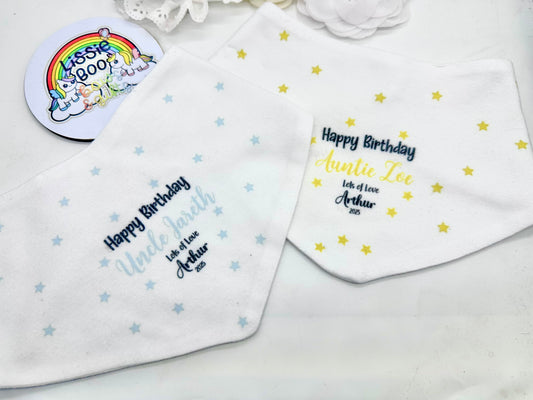 Personalised Happy Birthday ‘relation’ bib - any text can be added.