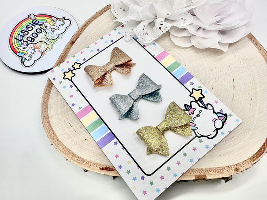 Set of three fine glitter metallic hair bows