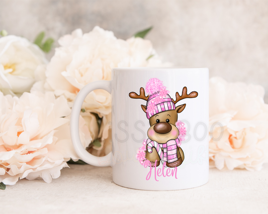 Pink reindeer Christmas mug