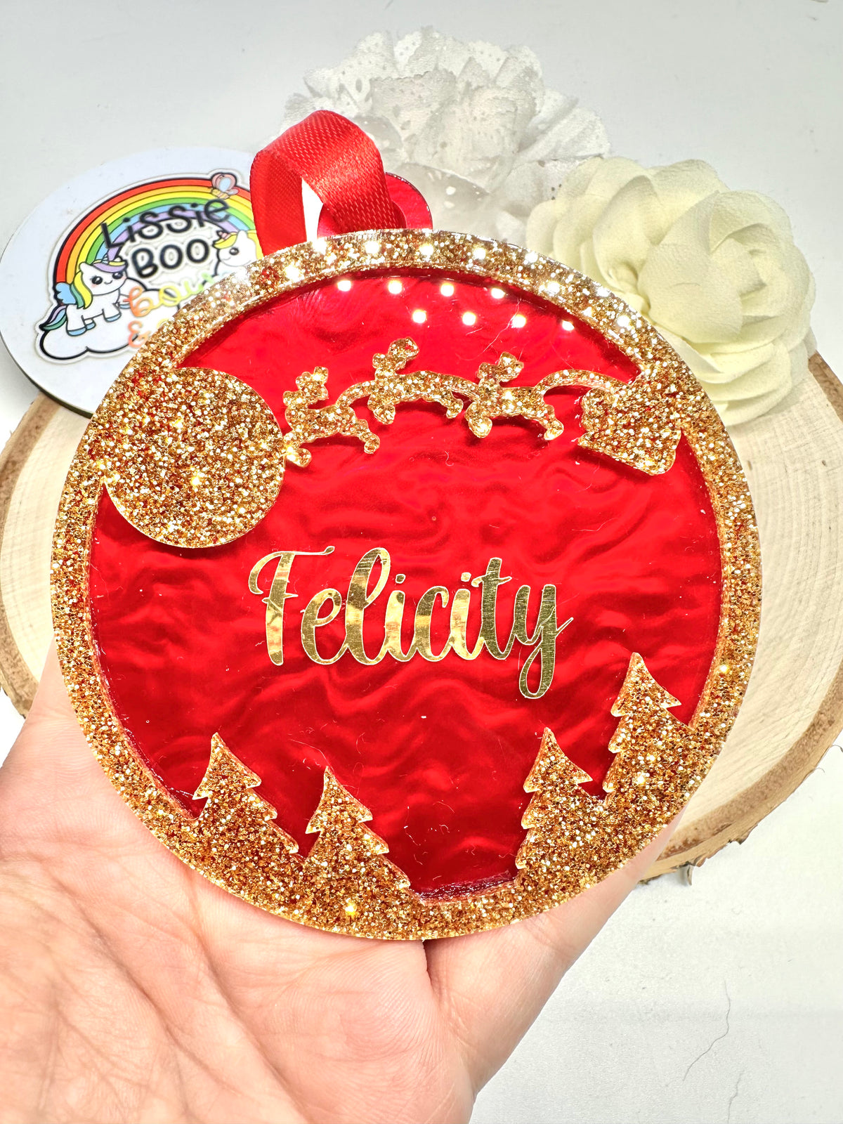 Red swirl and gold glitter Santa night sky acrylic bauble - 10cm