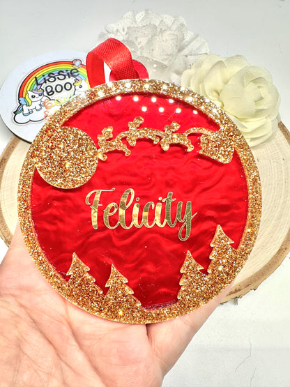 Red swirl and gold glitter Santa night sky acrylic bauble - 10cm