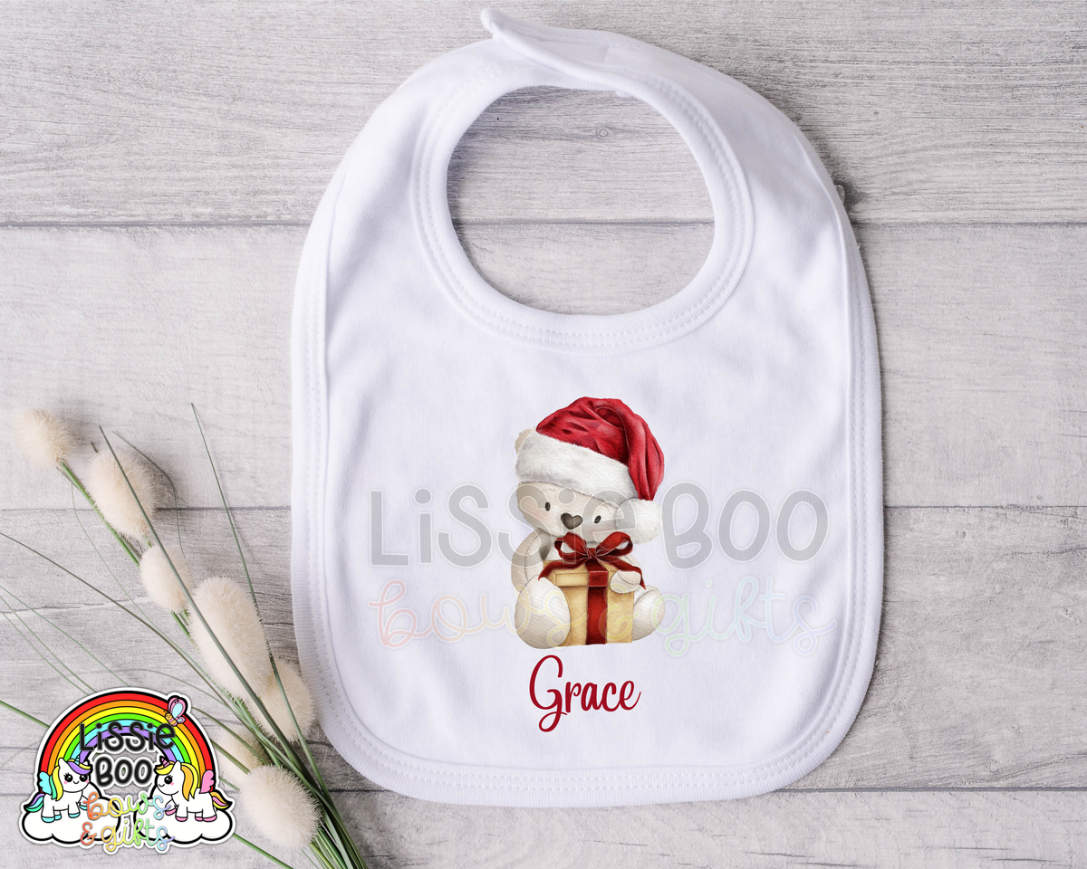 Personalised Present White Bear Christmas Bib
