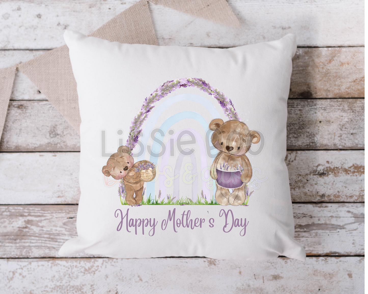 Lavender rainbow bears cushion cover