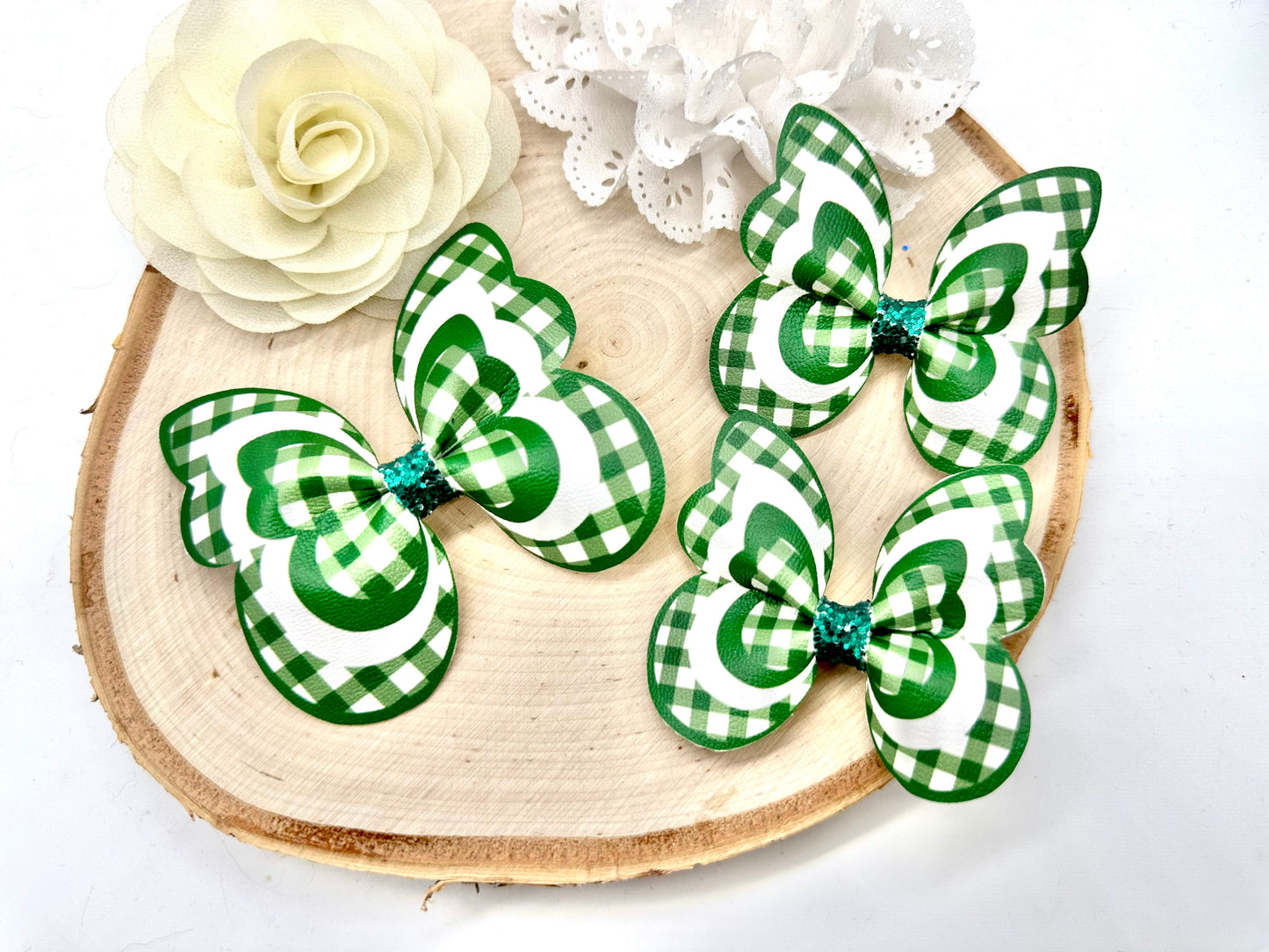 Green Gingham butterfly hair accessories - sold individually