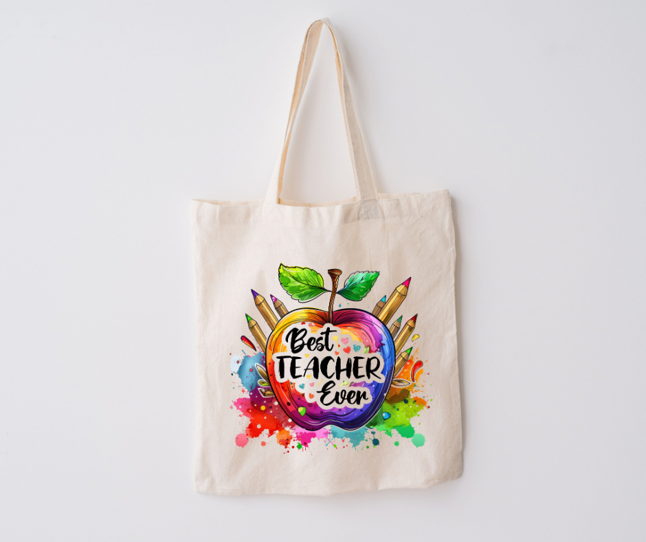 Rainbow apple teacher tote bag