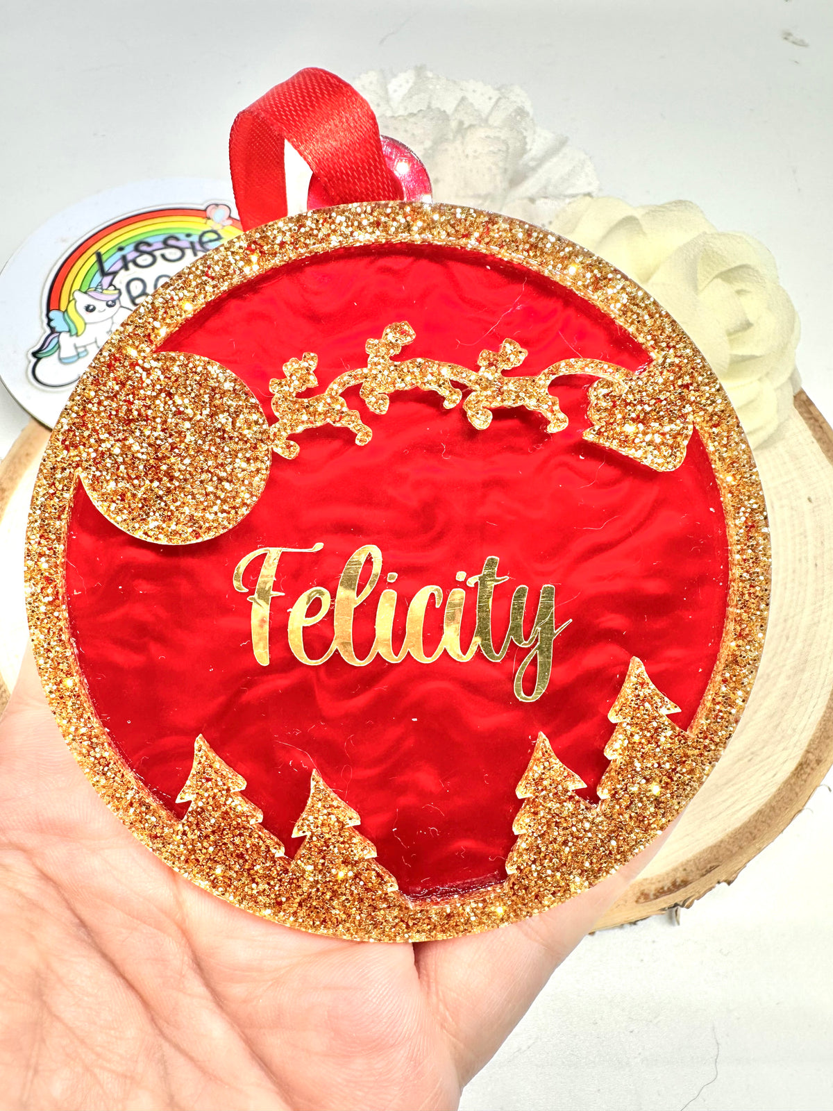 Red swirl and gold glitter Santa night sky acrylic bauble - 10cm