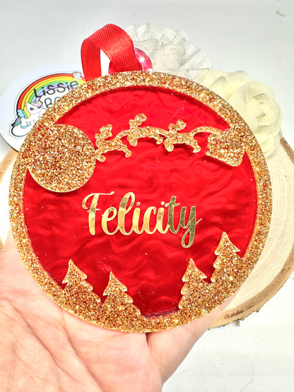 Red swirl and gold glitter Santa night sky acrylic bauble - 10cm