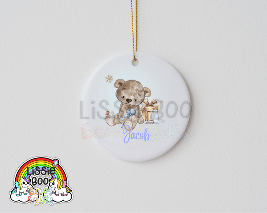Personalised Blue Brown Bear Christmas decoration