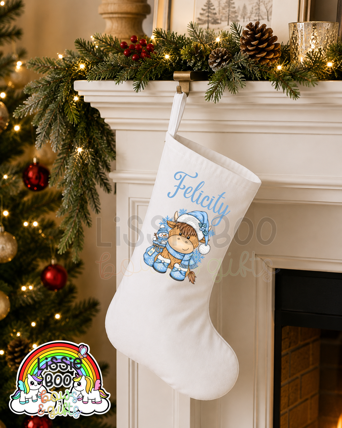 Personalised Blue Highland Cow Christmas Stocking