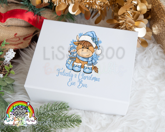 Personalised Blue Highland Cow Christmas Eve Box