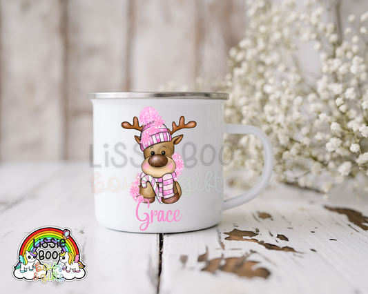 Pink reindeer enamel mug