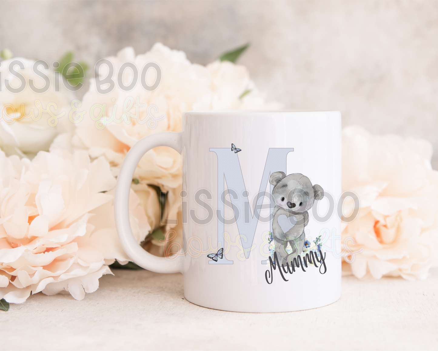 Grey bear initial personalised mug