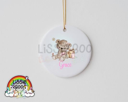 Personalised Pink Brown Bear Christmas decoration