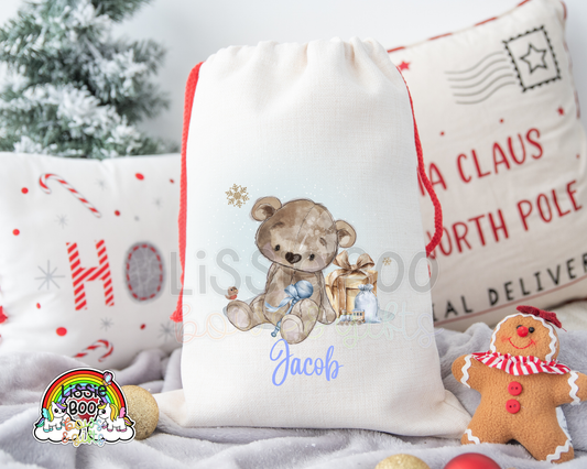 Personalised Blue Brown Bear Christmas Sack