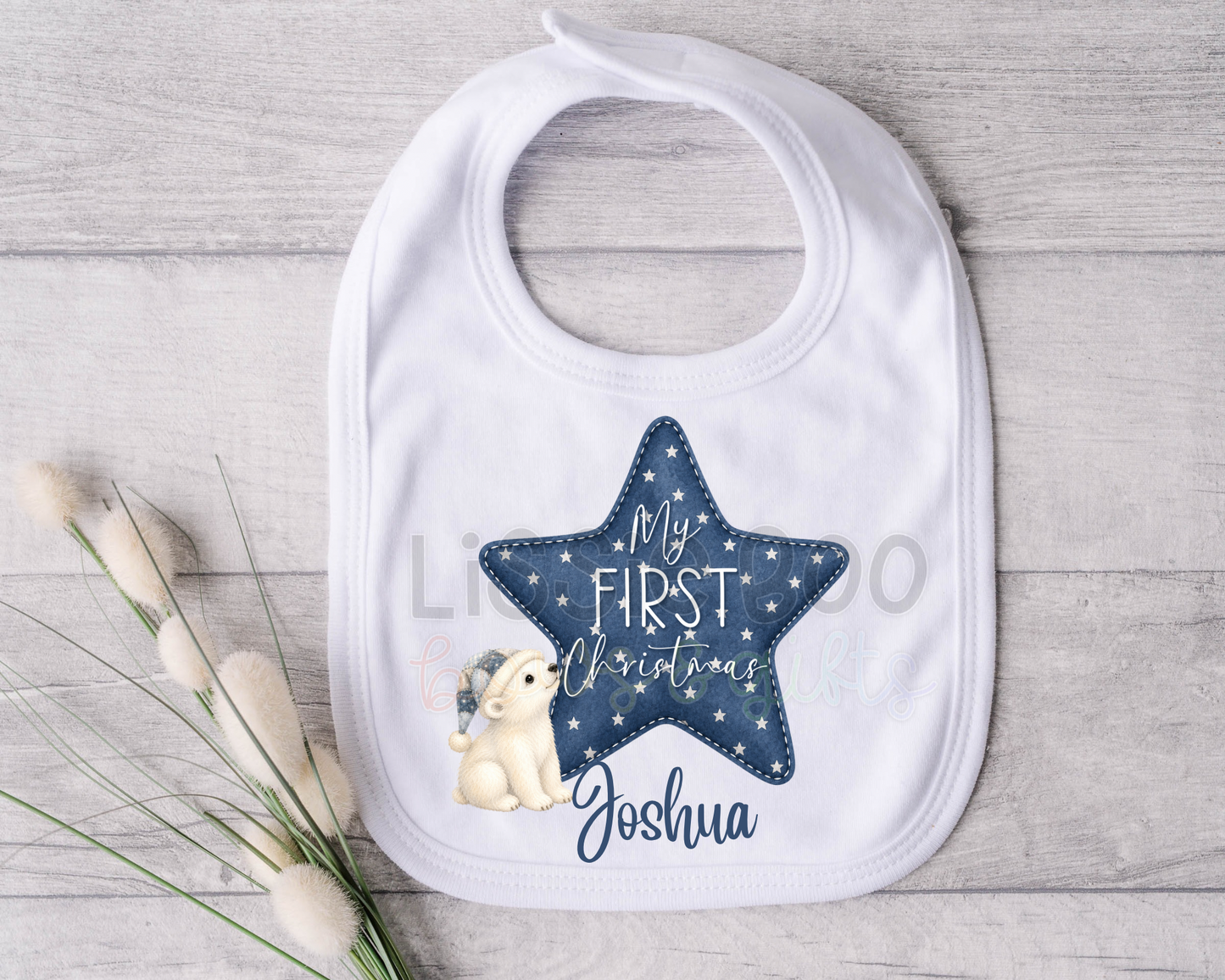 Polar bear star personalised baby’s first Christmas bib